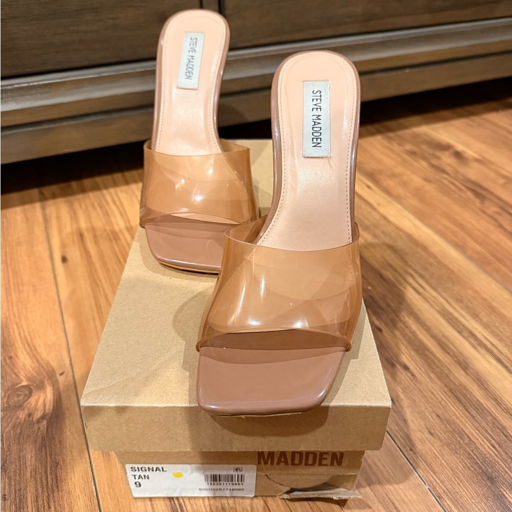 Steve Madden Tan Clear Strap Heeled Mules